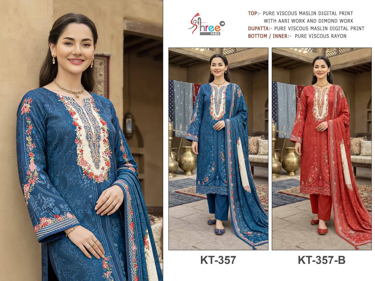 KT – 357 by shree fab A TO B SERIES Pakistani Stylish Embroidered PURE SATIN viscose Dresses At Wholesale Price